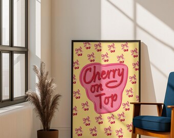 Cherry on Top Print | Pink Retro Bow Cherry Wall Art (Rolled Poster)