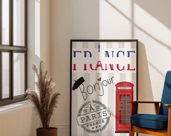 Bonjour Paris Wall Art Print, Eiffel Tower French Decor, Travel Poster (Framed)