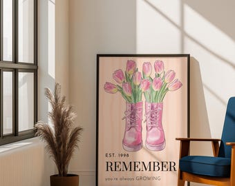 Pink Boots Tulips Wall Art | Floral Inspirational Printable | Feminine Home Decor (Satin/Matte Poster)