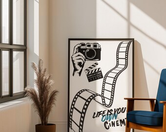 Film Camera Motivational Wall Art | Black and White Cinema Poster, Creative Studio Decor