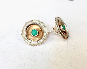 Chrysoprase Stud Earrings, Studs and Ear Jackets, Ear Jacket Earrings, Gold and Silver Earrings, Green Earrings, Diamond Rim Ear Jackets