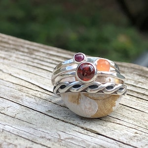 Hammered Stack Rings Set | Hessonite Garnet Ring | Ruby Stacking Ring | Peach Moonstone Ring | Tiny Gemstone Ring
