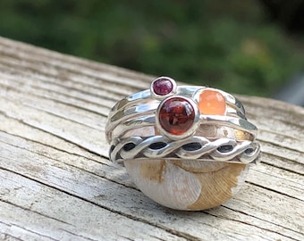 Hammered Stack Rings Set | Hessonite Garnet Ring | Ruby Stacking Ring | Peach Moonstone Ring | Tiny Gemstone Ring