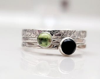 Onyx and Peridot Stacking Rings | Textured Stacking Ring | Sterling Silver