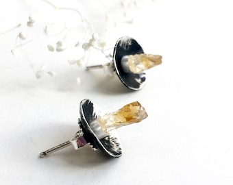 Raw Citrine Ear Jacket Earrings, Contemporary Earrings, Raw Citrine Jewelry, Raw Citrine Stud Earrings, Birthstone Earrings, Citrine Studs