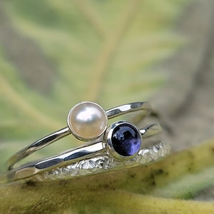 Tiny Iolite Stacking Ring | Iolite Jewelry | Minimal Gemstone Ring | Hammered Sterling Silver Ring | Purple Gemstone Ring