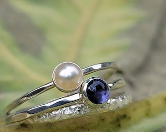 Tiny Iolite Stacking Ring | Iolite Jewelry | Minimal Gemstone Ring | Hammered Sterling Silver Ring | Purple Gemstone Ring