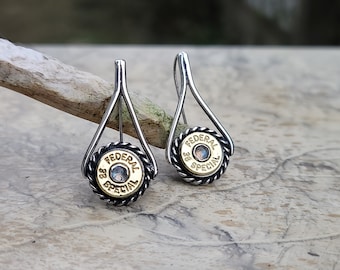 Silver Bullet Earrings | Bullet Dangle Earrings | Bullet Earrings with Labradorite | Rope Rimmed Bullet Earrings