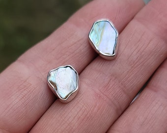 Mother of Pearl Bezel Set Stud Earrings | Silver Mother Of Pearl Earrings | Pearl Bezel Set Studs | Irregular Studs