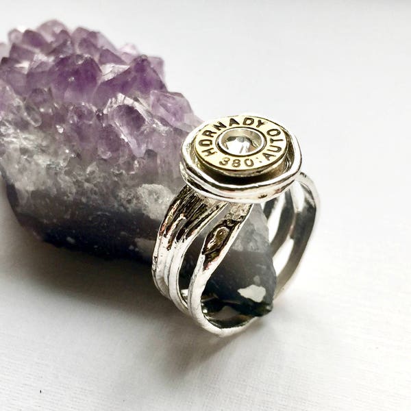 Sterling Silver Bullet Ring - Bullet Jewelry - Bullet and Crystal Ring - Brass Bullet Ring - 9mm Silver Bullet Ring