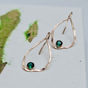 Organic Open Hoop Earring with Emerald | Hammered Gold Hoop Earring | May Birthstone Jewelry | Birthstone Hoop Earrings | Front Hoop Earring