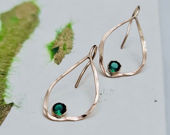 Organic Open Hoop Earring with Emerald | Hammered Gold Hoop Earrings | May Birthstone Jewelry | Emerald Hoop Earrings | From Hoop Earring