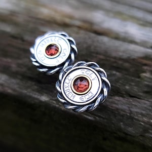 Silver Bullet Rope Rimmed Stud Earrings | Bullet Stud Earrings | Bullet Earrings with Garnet | Rope Rimmed Bullet Earrings