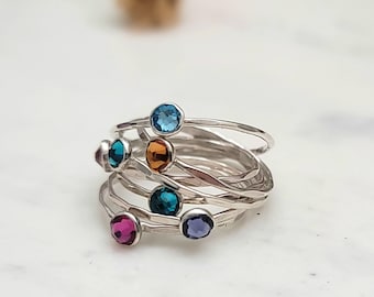 Hammered Birthstone Stack Ring | Birthstone Jewelry | Swarovski Stack Ring | Mothers Ring | Birthstone Stacking Rings for Women