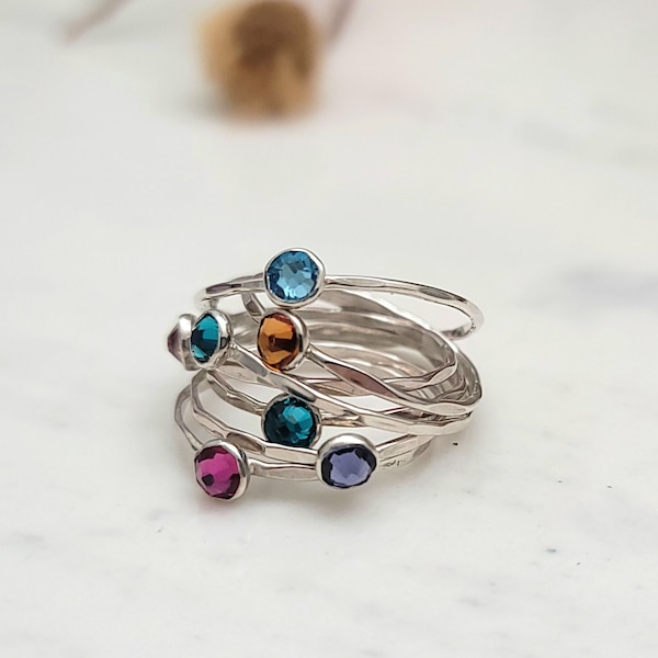 Hammered Birthstone Stack Ring | Birthstone Jewelry | Swarovski Stack Ring | Mothers Ring | Birthstone Stacking Rings for Women