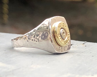 Mens Sterling Bullet Ring - Hammered - Your Choice of Caliber - LLJ176