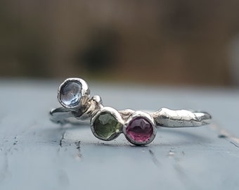 Organic Silver Three Gemstone Ring | Three Gemstone Ring | Molten Silver Ring | Pink Gem Ring | Blue Topaz Ring | Peridot Ring