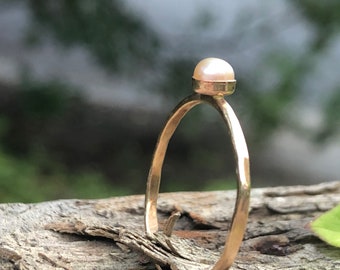 Pink Pearl Stacking Ring | Hammered Sterling Silver Pearl Ring | Gift for Her | Freshwater Pearl Ring | Gold Fill Pearl Ring