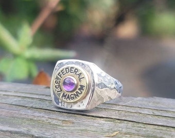 Mens Signet Ring with Amethyst and Bullet | Gift for Him |  Bullet Ring Men