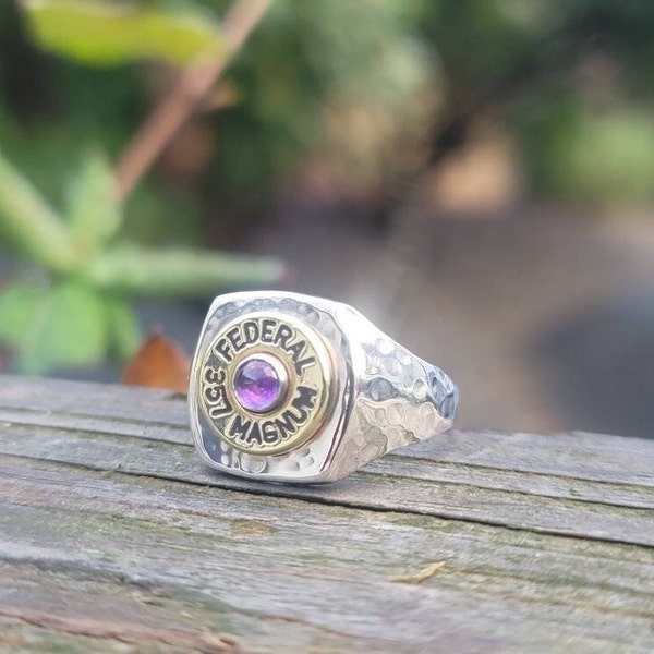 Mens Signet Ring with Amethyst and Bullet | Gift for Him |  Bullet Ring Men