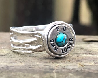 Turquoise Bullet Ring Sterling Silver | 9mm Bullet Jewelry | Silver Bullet Ring for Women