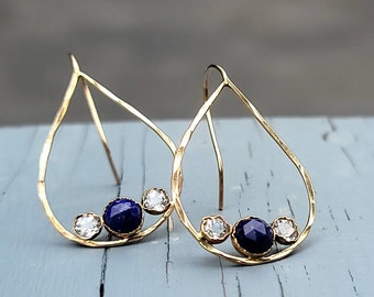 Lapis Lazuli Hoop Earrings | Lapis Lazuli Earrings | Mixed Gemstone Hoop Earrings | White Topaz Hoop Earrings