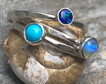 Blue Opal Ring | Stackable Ring  | Stackable Ring for Women | Fire Opal Ring | Sterling Stack Ring