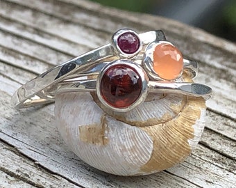 Hammered Stacking Rings | Hessonite Garnet Ring | Ruby Stacking Ring | Peach Moonstone Ring | Your Choice of Gemstone Stacking Ring