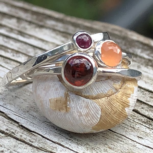 Hammered Stacking Rings | Hessonite Garnet Ring | Ruby Stacking Ring | Peach Moonstone Ring | Your Choice of Gemstone Stacking Ring