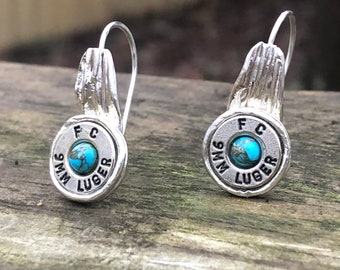 Turquoise and Silver Bullet Earrings | 9mm Bullet Earrings | Statement Earrings | Handmade Jewelry | Sterling Silver Artisan Earrings