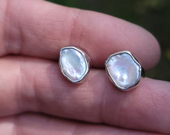 White Keshi Pearl Stud Earring | Silver Pearl Earrings | Genuine Pearl Earring in Sterling Silver Bezel | Hand Crafted Pearl Earring