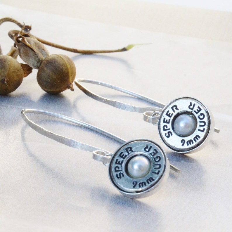 Pearl Bullet Earrings Bullet Dangle Earrings 9mm Bullet Earrings Genuine Pearl and Bullet Dangle Earrings Sterling Silver image 2