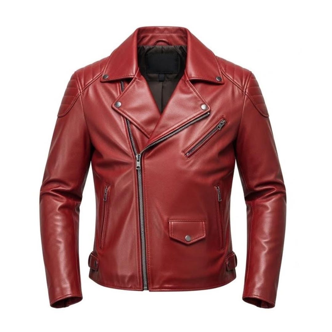 Men’s Red Leather Biker Jacket, Classic Motorcycle Style, Genuine Look — free download