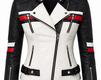 Veloura Women’s Black and White Leather Biker Jacket – Slim Fit Moto Style
