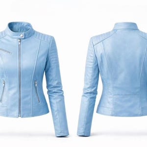 May include: A light blue leather jacket with a stand-up collar and a front zipper closure. The jacket has a quilted design on the shoulders and sleeves, and two zippered pockets on the front. The back of the jacket is also visible.