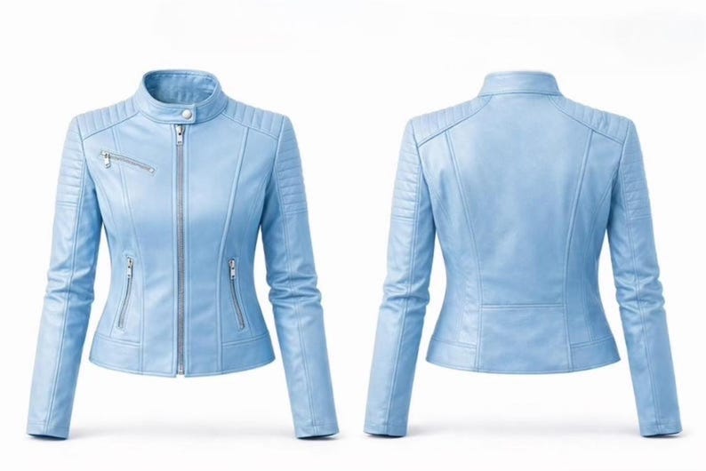May include: A light blue leather jacket with a stand-up collar and a front zipper closure. The jacket has a quilted design on the shoulders and sleeves, and two zippered pockets on the front. The back of the jacket is also visible.