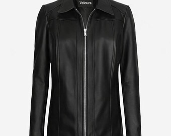 VELOURA Women’s Black Genuine Leather Jacket – Slim Fit Zip Front Cowhide Biker Style Coat