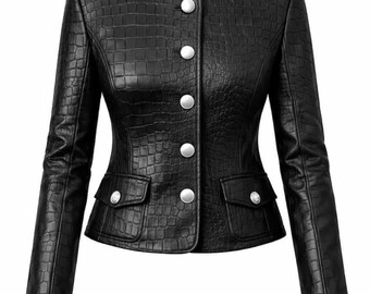 Veloura Black Croc Embossed Leather Jacket Women Slim Fit