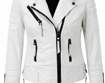 VELOURA Women’s White Leather Biker Jacket – Slim Fit Moto Style
