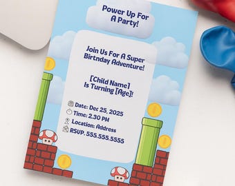 Gamer Birthday Invitation | Mario Inspired Party (Editable Template)
