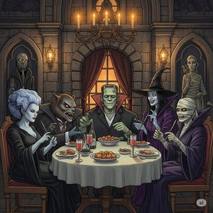 May include: Illustration of a Halloween dinner party with classic monsters. The Bride of Frankenstein, a werewolf, Frankenstein's monster, a witch, and a mummy are seated around a table. The scene is set in a gothic dining room with a chandelier.