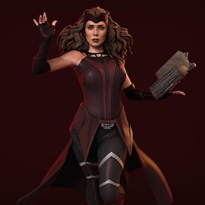 May include: A detailed figure of a character in a burgundy and black costume, holding a book. The figure has long brown hair and a headpiece. The costume includes a corset-like top, leggings, and a flowing cape. The figure is posed with one hand raised.