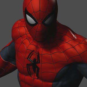 May include: A red and black Spider-Man costume with a web pattern. The costume features a black spider emblem on the chest and white eye lenses. The suit is form-fitting and appears to be made of a flexible material.