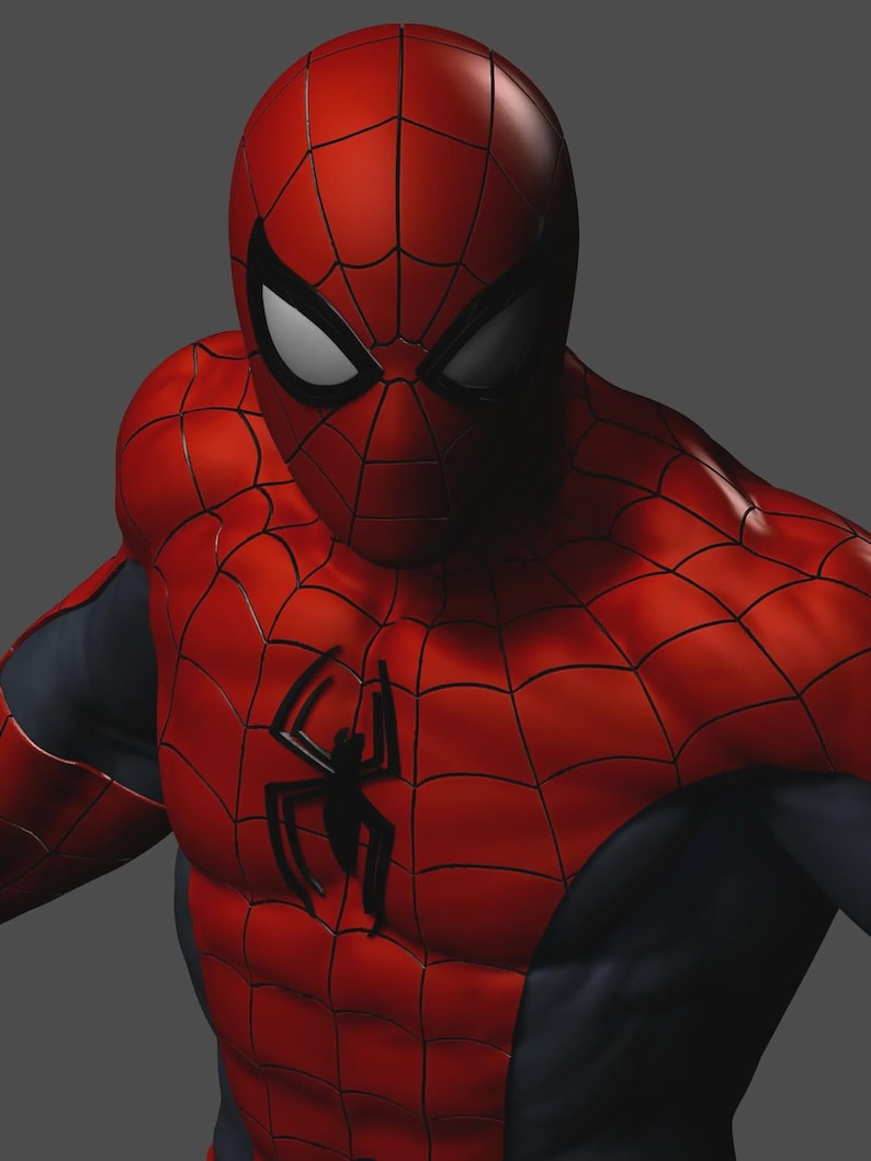 May include: A red and black Spider-Man costume with a web pattern. The costume features a black spider emblem on the chest and white eye lenses. The suit is form-fitting and appears to be made of a flexible material.