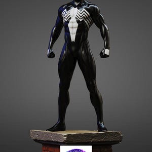 May include: A black and white Spider-Man figure stands on a stone base. The figure has a white spider emblem on the chest and white accents. The figure is posed with arms at the sides. The base has a brick design and the text "3DSTLGalaXY".