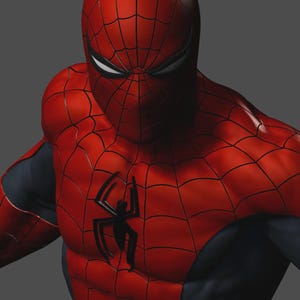 May include: A red and black Spider-Man costume with a web pattern on the mask and torso. The costume features a black spider emblem on the chest and is set against a gray background.