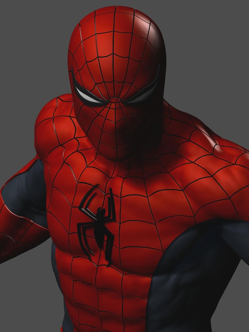 May include: A red and black Spider-Man costume with a web pattern on the mask and torso. The costume features a black spider emblem on the chest and is set against a gray background.