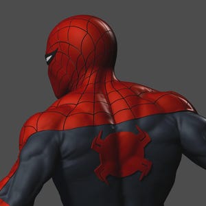 May include: A detailed view of a superhero costume, featuring a red and black color scheme. The red sections include a web-like pattern on the head and shoulders. A red spider emblem is prominently displayed on the back of the suit.
