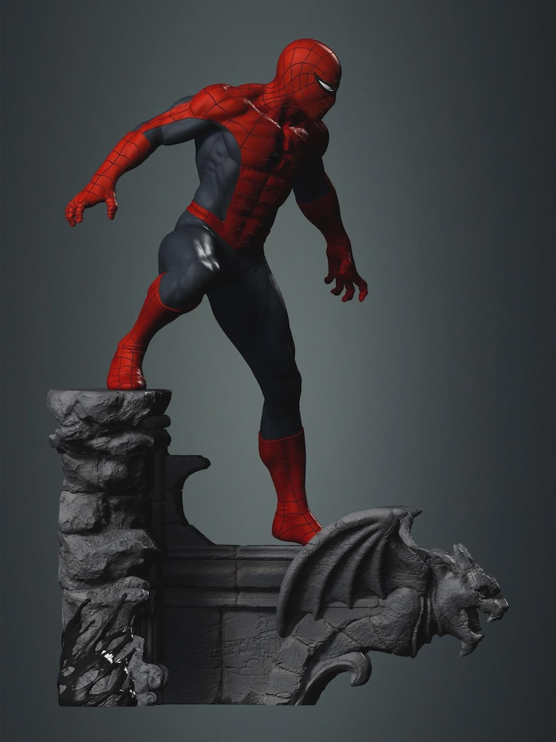 May include: A detailed figurine of Spider-Man in a dynamic pose, clad in a red and blue suit. The figure stands atop a gray stone structure with a gargoyle, showcasing intricate detailing and a superhero theme.