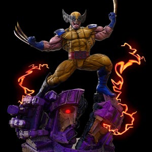 Puede incluir: Figura de acción de Wolverine en pose dinámica, con garras extendidas. La figura viste un traje amarillo y azul, de pie sobre una base robótica morada. Efectos de energía naranja emanan de la base, sobre un fondo negro.